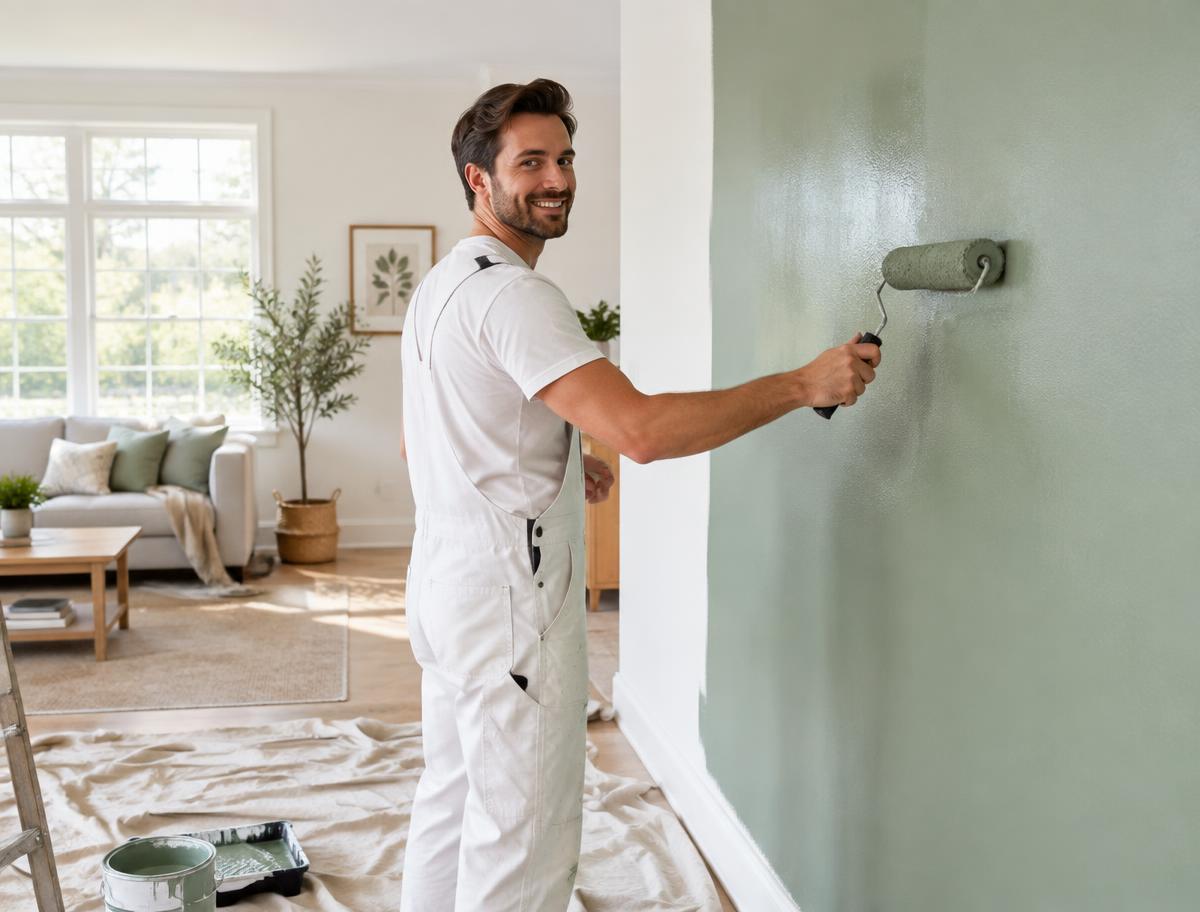 One of our painters rolling a sage green wall